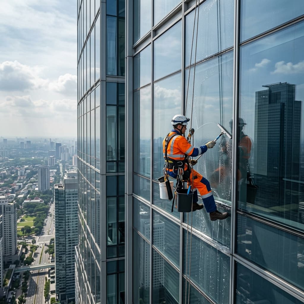 Profissional de alpinismo industrial trabalhando em fachada
