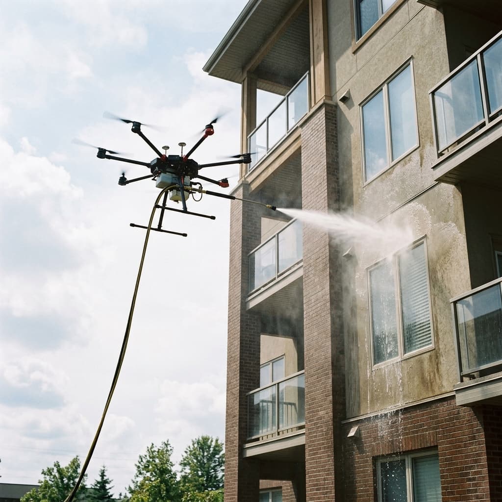 Drone aplicando jato de água em fachada de prédio residencial