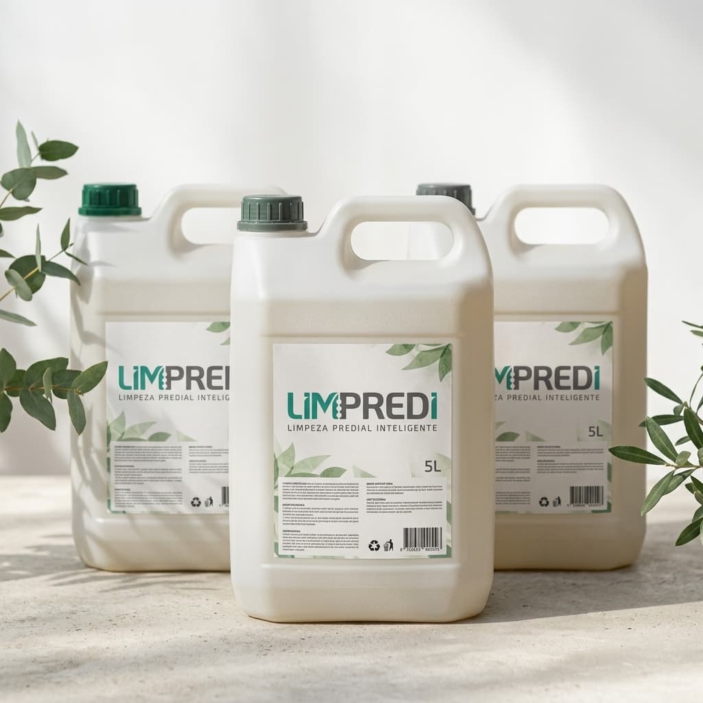 Galões de 5 litros de produtos de química verde Limpredi, com folhagens ao fundo