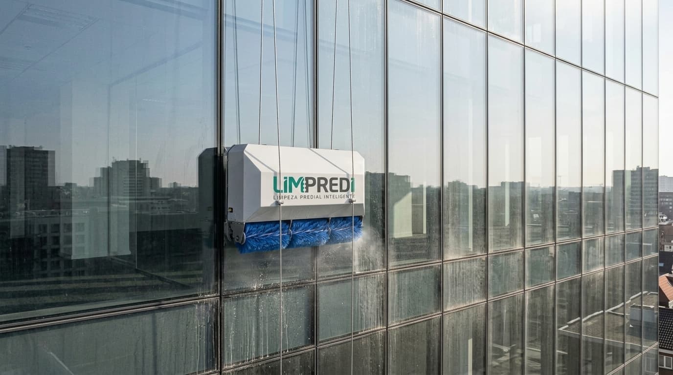 Robô Limpredi com escovas azuis limpando fachada de vidro